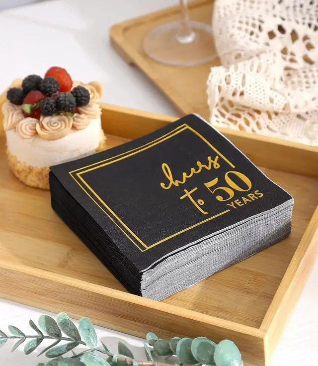 Alt view image 5 of 6 - Cheers to Years Cocktail Napkins - 50 PK - 3-Ply Birthday Napkins 5x5 Inches Disposable Party Napkins Beverage Paper Napkins or Birthday Decorations Wedding Anniversary Black and Gold (50 Years)