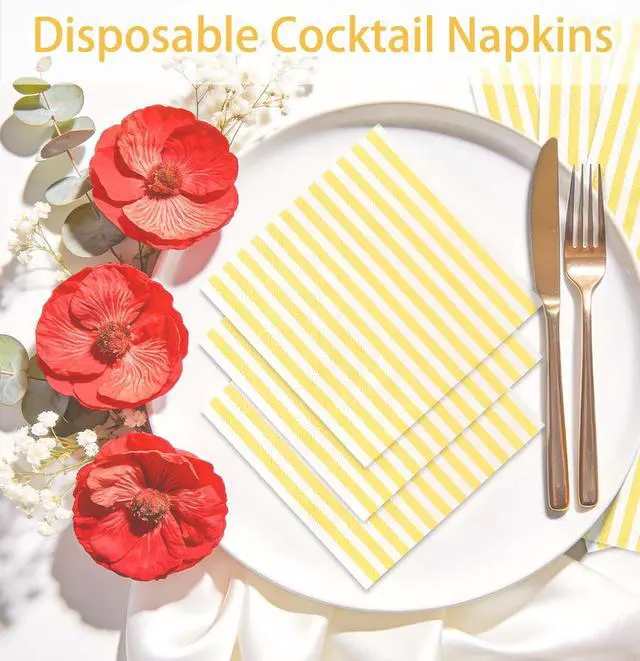 Alt view image 2 of 7 - SietDESEO 50 Pieces Yellow Striped Napkins Disposable 3-Ply Yellow and White Striped Cocktail Napkins Paper Dinner Napkins for Birthday Baby Shower Wedding Party Beverage Napkin