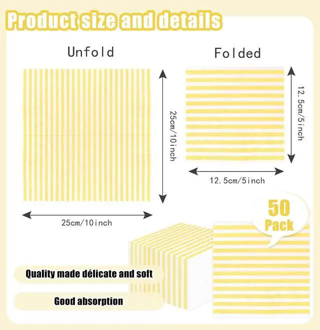 Alt view image 3 of 7 - SietDESEO 50 Pieces Yellow Striped Napkins Disposable 3-Ply Yellow and White Striped Cocktail Napkins Paper Dinner Napkins for Birthday Baby Shower Wedding Party Beverage Napkin