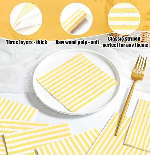 Alt view image 4 of 7 - SietDESEO 50 Pieces Yellow Striped Napkins Disposable 3-Ply Yellow and White Striped Cocktail Napkins Paper Dinner Napkins for Birthday Baby Shower Wedding Party Beverage Napkin