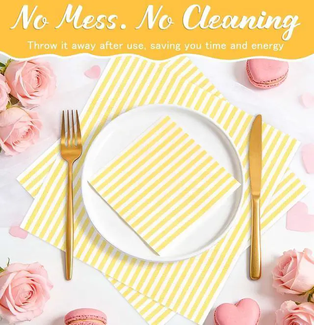 Alt view image 5 of 7 - SietDESEO 50 Pieces Yellow Striped Napkins Disposable 3-Ply Yellow and White Striped Cocktail Napkins Paper Dinner Napkins for Birthday Baby Shower Wedding Party Beverage Napkin