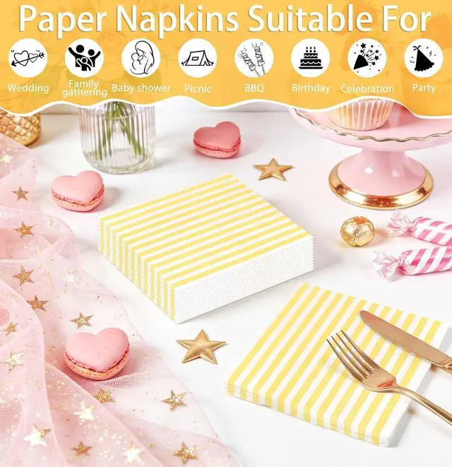 Alt view image 6 of 7 - SietDESEO 50 Pieces Yellow Striped Napkins Disposable 3-Ply Yellow and White Striped Cocktail Napkins Paper Dinner Napkins for Birthday Baby Shower Wedding Party Beverage Napkin
