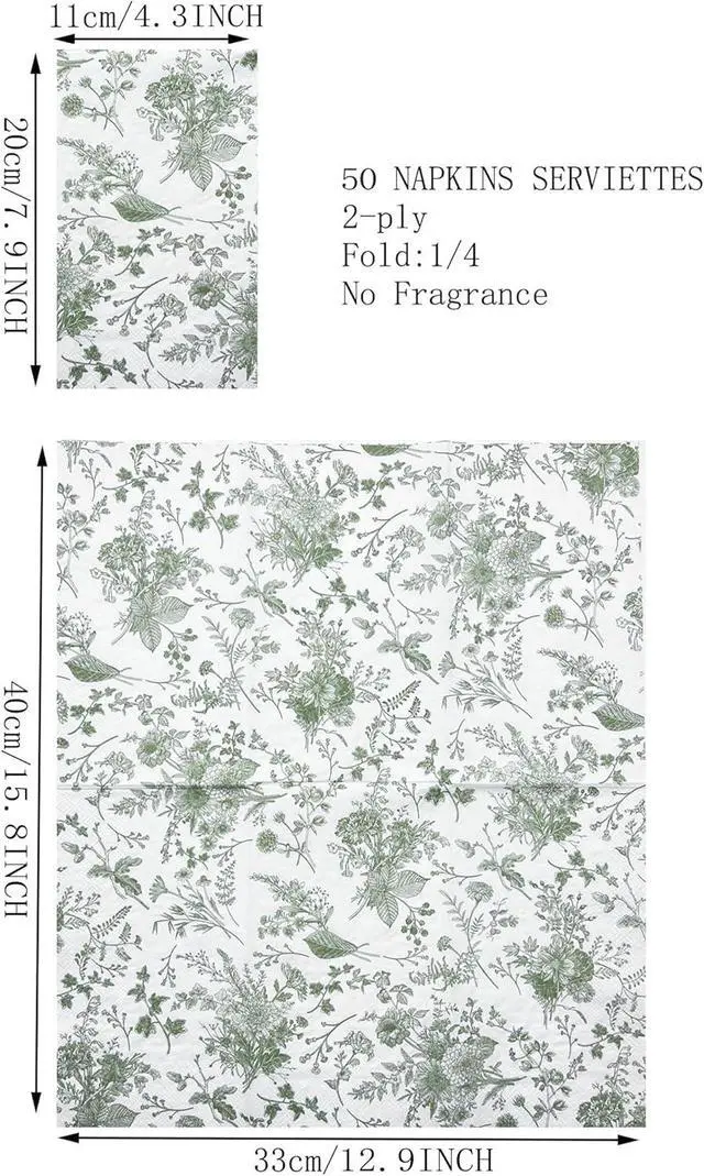 Alt view image 2 of 6 - WRAPAHOLIC 50Pcs Sage Green Floral Guest Napkins - Guest Disposable Hand Towels for Bathroom, Bridal and Baby Shower, Tea Party, Garden Party, Birthday Party - 4.3 x 7.9 In
