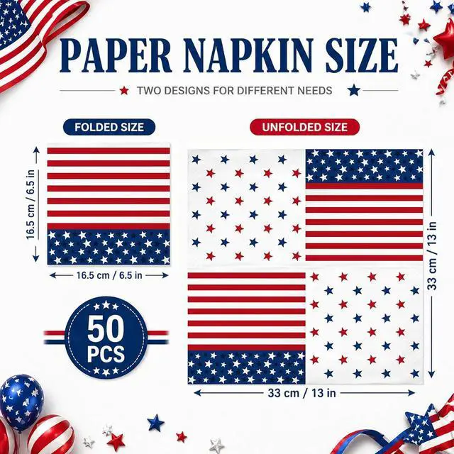 Alt view image 2 of 7 - 4th of July Napkins 50 Count Paper Patriotic Napkins | Disposable 2-Ply, Cocktail Size, Star Spangled, Memorial Day, Labor Day, Veterans Day, Bulk Party Favors