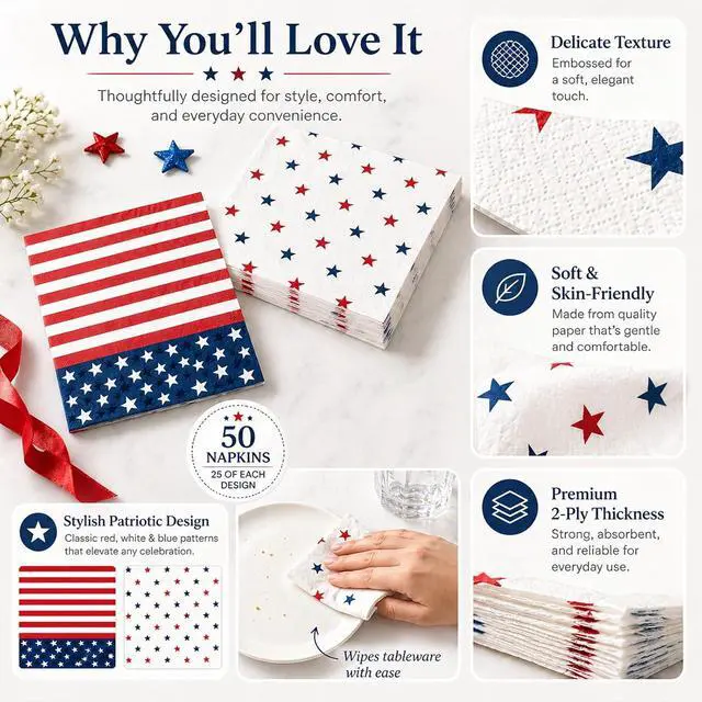 Alt view image 3 of 7 - 4th of July Napkins 50 Count Paper Patriotic Napkins | Disposable 2-Ply, Cocktail Size, Star Spangled, Memorial Day, Labor Day, Veterans Day, Bulk Party Favors