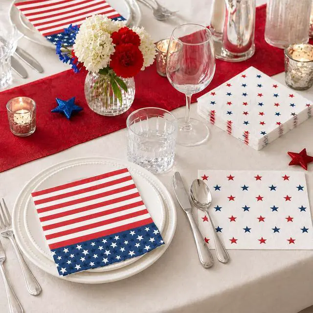 Alt view image 4 of 7 - 4th of July Napkins 50 Count Paper Patriotic Napkins | Disposable 2-Ply, Cocktail Size, Star Spangled, Memorial Day, Labor Day, Veterans Day, Bulk Party Favors