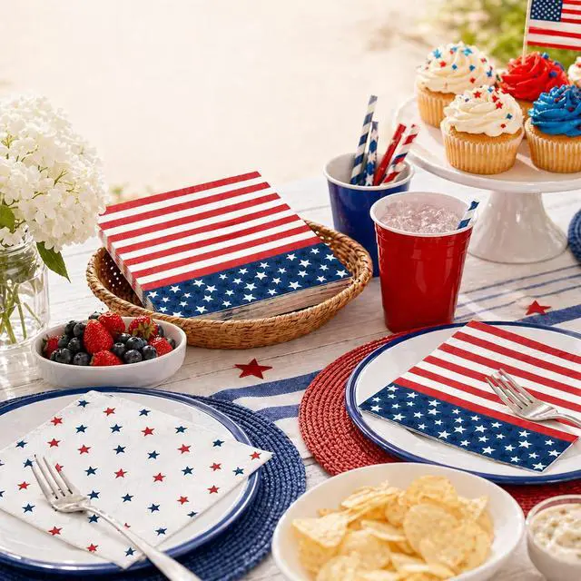 Alt view image 5 of 7 - 4th of July Napkins 50 Count Paper Patriotic Napkins | Disposable 2-Ply, Cocktail Size, Star Spangled, Memorial Day, Labor Day, Veterans Day, Bulk Party Favors