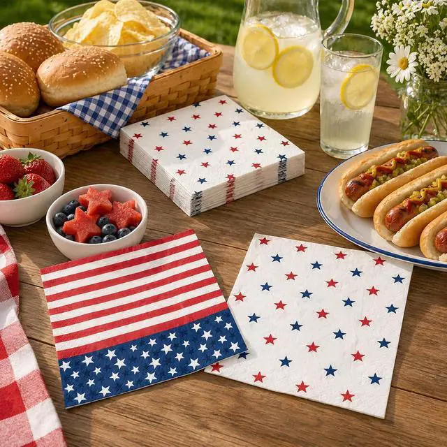 Alt view image 6 of 7 - 4th of July Napkins 50 Count Paper Patriotic Napkins | Disposable 2-Ply, Cocktail Size, Star Spangled, Memorial Day, Labor Day, Veterans Day, Bulk Party Favors