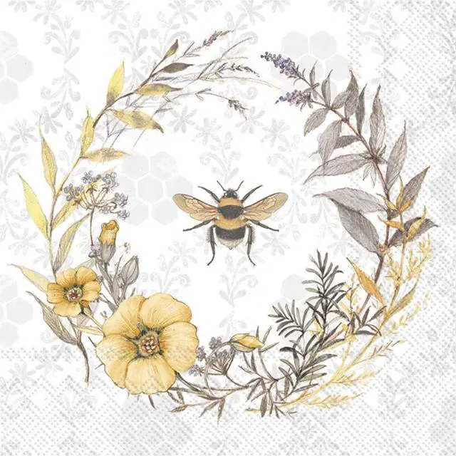Main image of Boston International IHR 3-Ply Cocktail Beverage Paper Napkins, 20-Count, 5 x 5-Inches, Bee Wildflower Wreath