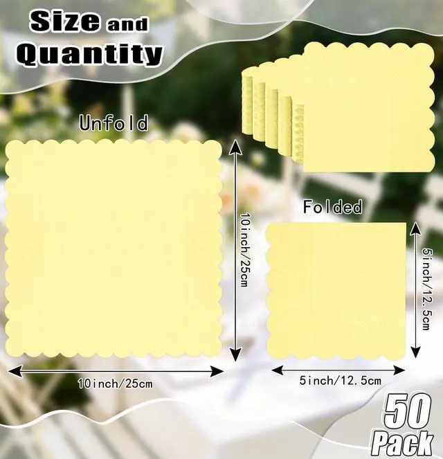 Alt view image 3 of 7 - HEIPINIUYE 50 Pieces 2-ply Yellow Napkin Disposable Scalloped Cocktail Napkins Beverage Napkins Dessert Napkins Paper Napkins for Wedding Birthday Party Paper Dinner Napkins