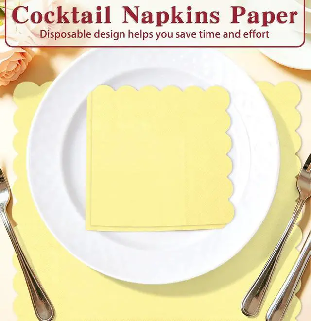 Alt view image 5 of 7 - HEIPINIUYE 50 Pieces 2-ply Yellow Napkin Disposable Scalloped Cocktail Napkins Beverage Napkins Dessert Napkins Paper Napkins for Wedding Birthday Party Paper Dinner Napkins
