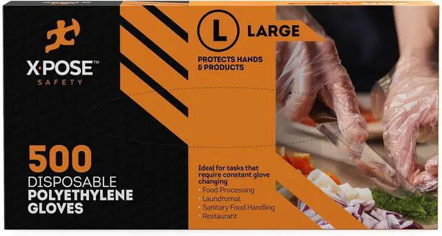 Alt view image 2 of 3 - Xpose Safety Clear Disposable Poly Gloves - 500 Medium - Non Latex Gloves - Kitchen Prep, Restaurant, Cooking, Cleaning, Hair Dye, Dishwashing, Industrial Disposal