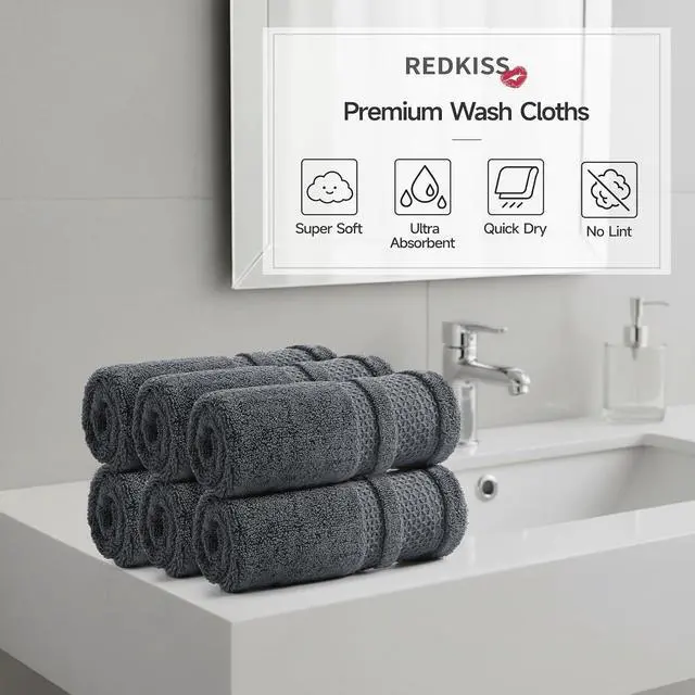 Alt view image 4 of 7 - REDKISS Luxury Washcloths for Showering, 13x13 inch, 100% Cotton Premium Wash Cloths Set of 6, Super Soft and Highly Absorbent Face Towels for Bathroom, Spa, Gym and Hotel, Blue Gray