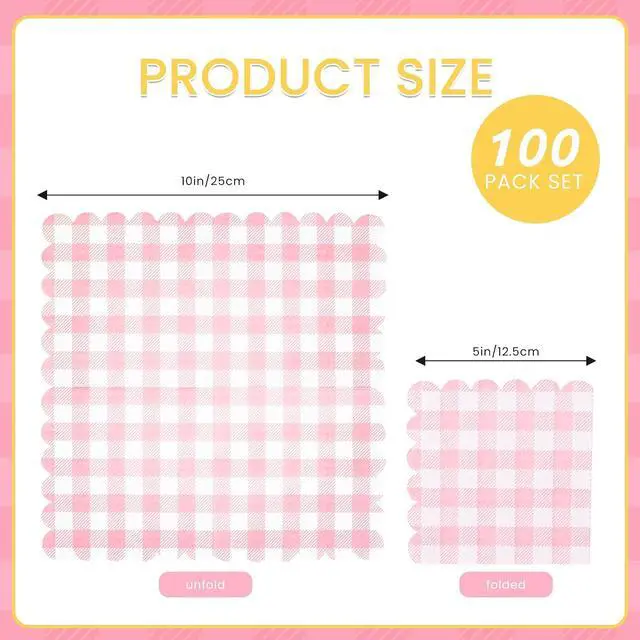 Alt view image 2 of 7 - 100 Pcs Pink Gingham Napkins, 5 x 5 Inches Scalloped Napkins, Disposable Cocktail Napkins For Wedding Birthday Party Baby Shower Picnic