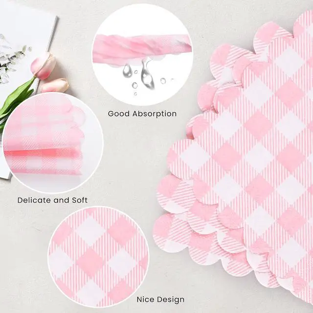 Alt view image 3 of 7 - 100 Pcs Pink Gingham Napkins, 5 x 5 Inches Scalloped Napkins, Disposable Cocktail Napkins For Wedding Birthday Party Baby Shower Picnic