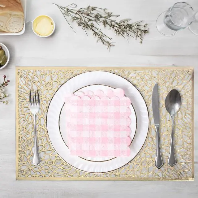 Alt view image 5 of 7 - 100 Pcs Pink Gingham Napkins, 5 x 5 Inches Scalloped Napkins, Disposable Cocktail Napkins For Wedding Birthday Party Baby Shower Picnic