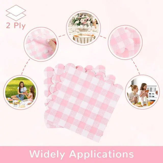 Alt view image 4 of 7 - 100 Pcs Pink Gingham Napkins, 5 x 5 Inches Scalloped Napkins, Disposable Cocktail Napkins For Wedding Birthday Party Baby Shower Picnic