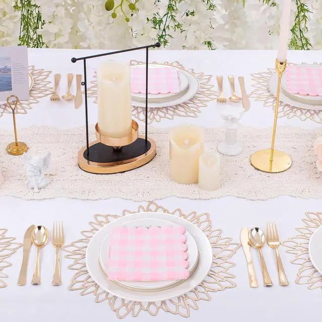 Alt view image 7 of 7 - 100 Pcs Pink Gingham Napkins, 5 x 5 Inches Scalloped Napkins, Disposable Cocktail Napkins For Wedding Birthday Party Baby Shower Picnic