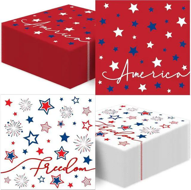 Main image of 50 Pack 4th of July Paper Napkins, Patriotic Stars Firework Disposable Napkins for Memorial Day Independence Day Holiday Party Supplies, Red White Blue, 6.5'' x 6.5'' Kitchen Table Decoration