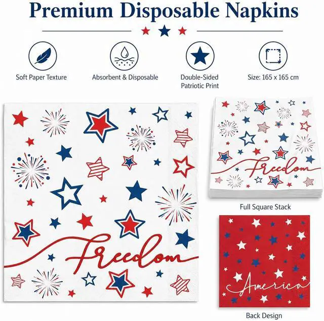 Alt view image 2 of 7 - 50 Pack 4th of July Paper Napkins, Patriotic Stars Firework Disposable Napkins for Memorial Day Independence Day Holiday Party Supplies, Red White Blue, 6.5'' x 6.5'' Kitchen Table Decoration