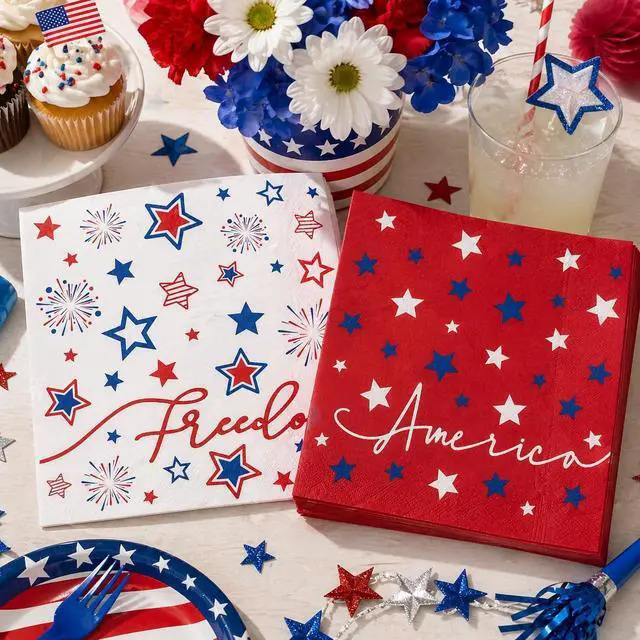 Alt view image 3 of 7 - 50 Pack 4th of July Paper Napkins, Patriotic Stars Firework Disposable Napkins for Memorial Day Independence Day Holiday Party Supplies, Red White Blue, 6.5'' x 6.5'' Kitchen Table Decoration