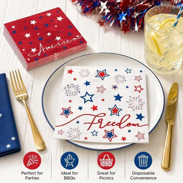 Alt view image 4 of 7 - 50 Pack 4th of July Paper Napkins, Patriotic Stars Firework Disposable Napkins for Memorial Day Independence Day Holiday Party Supplies, Red White Blue, 6.5'' x 6.5'' Kitchen Table Decoration