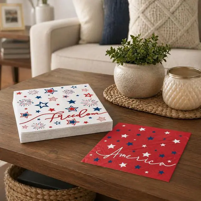 Alt view image 5 of 7 - 50 Pack 4th of July Paper Napkins, Patriotic Stars Firework Disposable Napkins for Memorial Day Independence Day Holiday Party Supplies, Red White Blue, 6.5'' x 6.5'' Kitchen Table Decoration