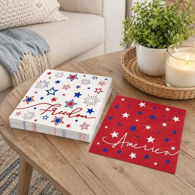 Alt view image 7 of 7 - 50 Pack 4th of July Paper Napkins, Patriotic Stars Firework Disposable Napkins for Memorial Day Independence Day Holiday Party Supplies, Red White Blue, 6.5'' x 6.5'' Kitchen Table Decoration