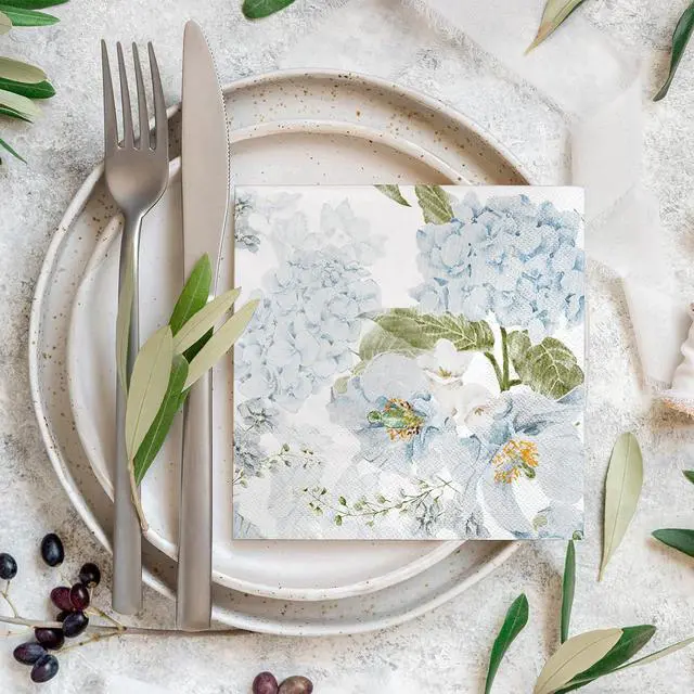 Alt view image 4 of 7 - LeZakaa 25Pcs Hydrangea Guest Napkins, 3-Ply Floral Cocktail Beverage Bar Square Disposable Napkins Hand Towels for Wedding Engagement Bridal Shower Birthday Tableware Party Supplies, 5 x 5 In