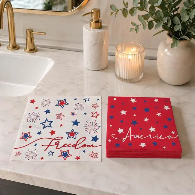 Alt view image 6 of 7 - 50 Pack 4th of July Paper Napkins, Patriotic Stars Firework Disposable Napkins for Memorial Day Independence Day Holiday Party Supplies, Red White Blue, 6.5'' x 6.5'' Kitchen Table Decoration