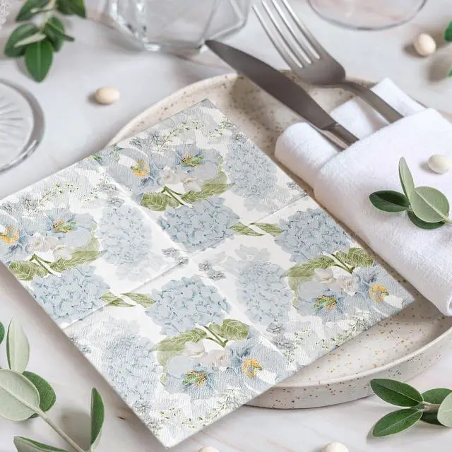 Alt view image 5 of 7 - LeZakaa 25Pcs Hydrangea Guest Napkins, 3-Ply Floral Cocktail Beverage Bar Square Disposable Napkins Hand Towels for Wedding Engagement Bridal Shower Birthday Tableware Party Supplies, 5 x 5 In