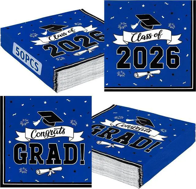 Main image of 50 Pack Graduation Napkins, 6.5 X 6.5 Inches Blue Graduation Decorations 2026, Disposable Grad Napkins Class of 2026 Decorations with Caps Ribbons Style, Grad Paper Tissues for Graduate Party Supplies