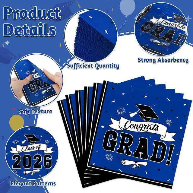 Alt view image 3 of 7 - 50 Pack Graduation Napkins, 6.5 X 6.5 Inches Blue Graduation Decorations 2026, Disposable Grad Napkins Class of 2026 Decorations with Caps Ribbons Style, Grad Paper Tissues for Graduate Party Supplies