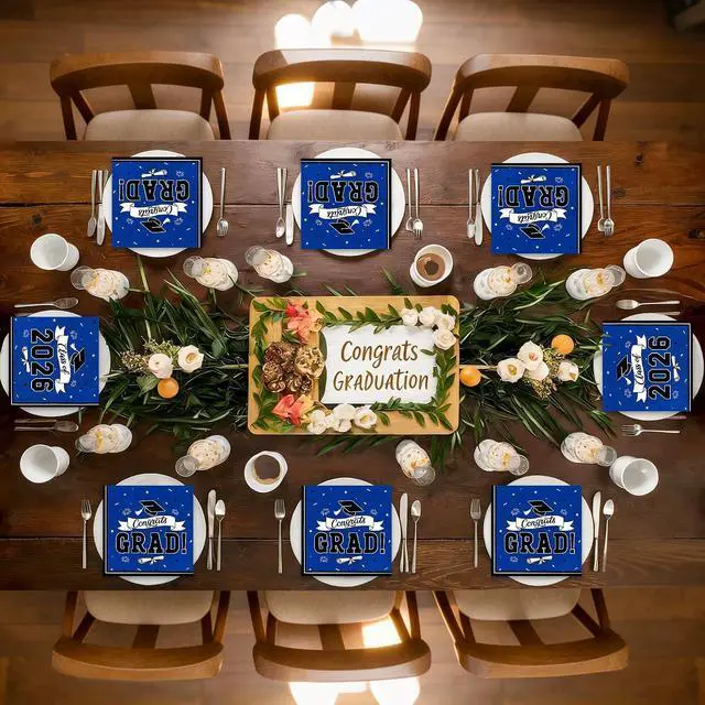 Alt view image 4 of 7 - 50 Pack Graduation Napkins, 6.5 X 6.5 Inches Blue Graduation Decorations 2026, Disposable Grad Napkins Class of 2026 Decorations with Caps Ribbons Style, Grad Paper Tissues for Graduate Party Supplies
