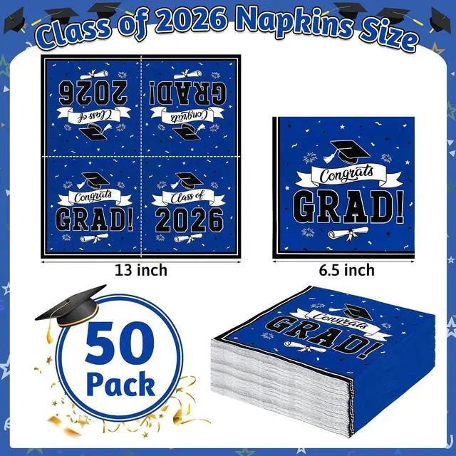 Alt view image 2 of 7 - 50 Pack Graduation Napkins, 6.5 X 6.5 Inches Blue Graduation Decorations 2026, Disposable Grad Napkins Class of 2026 Decorations with Caps Ribbons Style, Grad Paper Tissues for Graduate Party Supplies