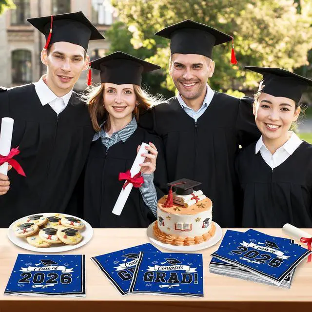 Alt view image 5 of 7 - 50 Pack Graduation Napkins, 6.5 X 6.5 Inches Blue Graduation Decorations 2026, Disposable Grad Napkins Class of 2026 Decorations with Caps Ribbons Style, Grad Paper Tissues for Graduate Party Supplies