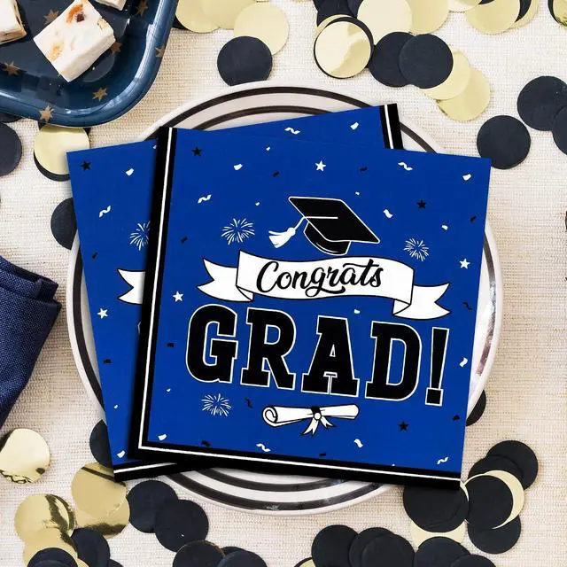 Alt view image 6 of 7 - 50 Pack Graduation Napkins, 6.5 X 6.5 Inches Blue Graduation Decorations 2026, Disposable Grad Napkins Class of 2026 Decorations with Caps Ribbons Style, Grad Paper Tissues for Graduate Party Supplies