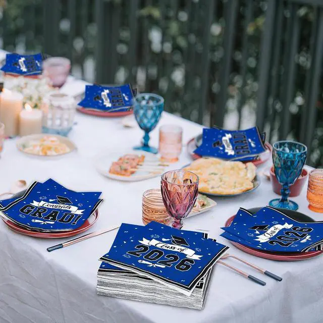 Alt view image 7 of 7 - 50 Pack Graduation Napkins, 6.5 X 6.5 Inches Blue Graduation Decorations 2026, Disposable Grad Napkins Class of 2026 Decorations with Caps Ribbons Style, Grad Paper Tissues for Graduate Party Supplies