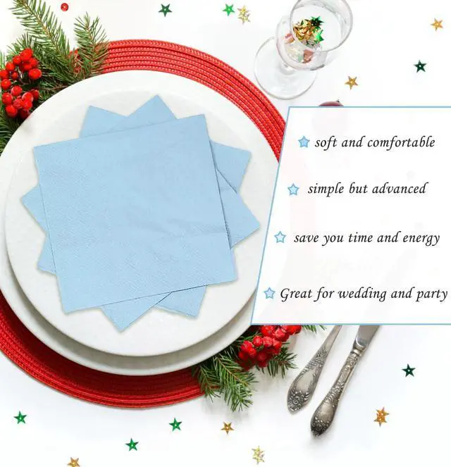 Alt view image 5 of 7 - 100 pcs 2-Ply Light Blue Napkins Folded 5 x 5 inch Disposable Cocktail Napkins Paper Napkins for Dinner Wedding Party Baby Blue Beverage Napkins