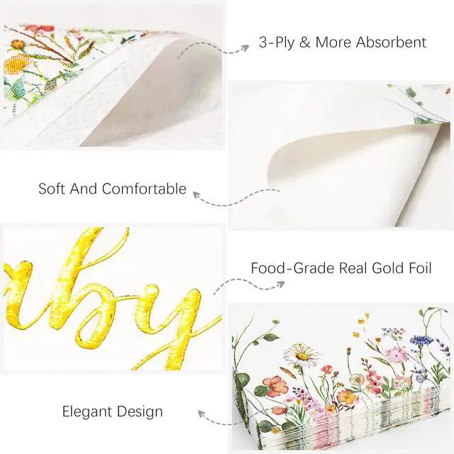 Alt view image 2 of 7 - Crisky 3-Ply Floral Bridal Shower Napkins - Gold Foil Cheers To Love Paper Disposable Napkins for Wedding/Engagement/Bridal Shower Party Decoration, 50 Counts