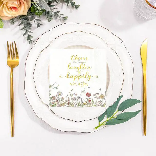 Alt view image 3 of 7 - Crisky 3-Ply Floral Bridal Shower Napkins - Gold Foil Cheers To Love Paper Disposable Napkins for Wedding/Engagement/Bridal Shower Party Decoration, 50 Counts