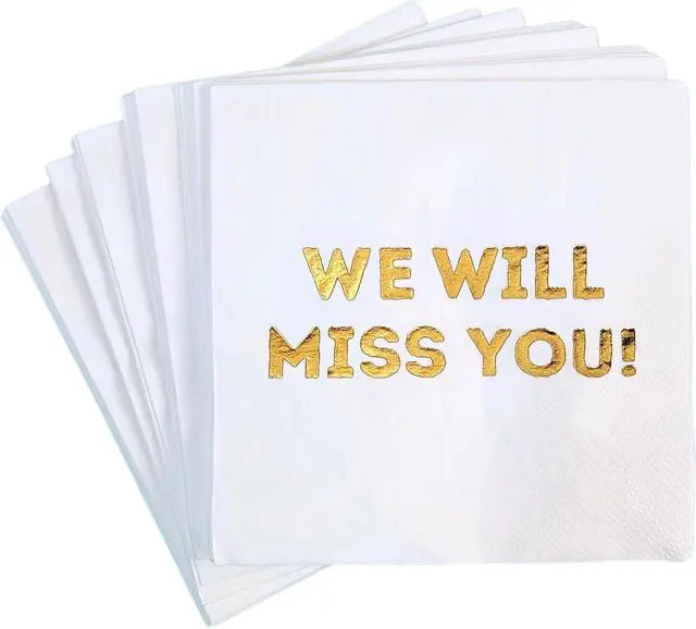 Main image of We Will Miss You Cocktail Napkins - 50 Pack White - Farewell, Going Away, Retirement Party Decorations Supplies, Coworkers Leaving Goodbye, Military Army Good Luck, Moving Celebrations