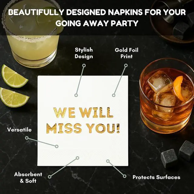 Alt view image 3 of 7 - We Will Miss You Cocktail Napkins - 50 Pack White - Farewell, Going Away, Retirement Party Decorations Supplies, Coworkers Leaving Goodbye, Military Army Good Luck, Moving Celebrations