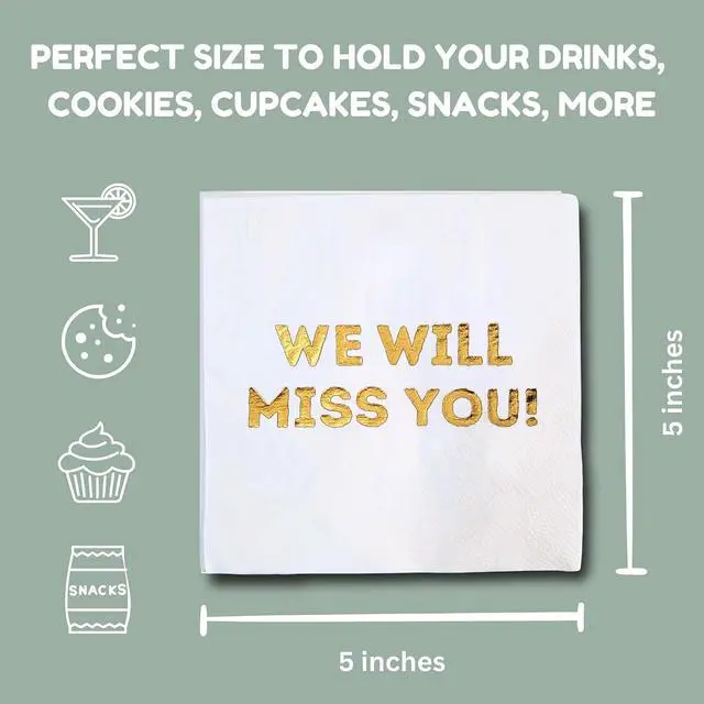 Alt view image 5 of 7 - We Will Miss You Cocktail Napkins - 50 Pack White - Farewell, Going Away, Retirement Party Decorations Supplies, Coworkers Leaving Goodbye, Military Army Good Luck, Moving Celebrations