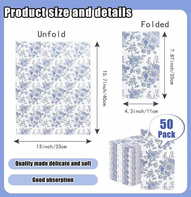 Alt view image 2 of 7 - SietDESEO 50 Pieces 3-ply Blue Floral Napkins Disposable 13 x 15.7 Inches Guest Bathroom Napkins Disposable Hand Towels for Bathroom Wedding Birthday Party Paper Dinner Napkin