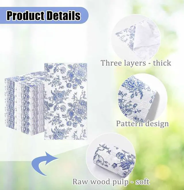 Alt view image 3 of 7 - SietDESEO 50 Pieces 3-ply Blue Floral Napkins Disposable 13 x 15.7 Inches Guest Bathroom Napkins Disposable Hand Towels for Bathroom Wedding Birthday Party Paper Dinner Napkin