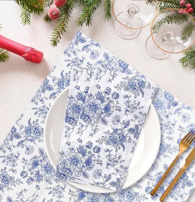 Alt view image 4 of 7 - SietDESEO 50 Pieces 3-ply Blue Floral Napkins Disposable 13 x 15.7 Inches Guest Bathroom Napkins Disposable Hand Towels for Bathroom Wedding Birthday Party Paper Dinner Napkin