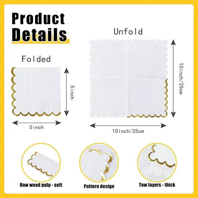 Alt view image 2 of 7 - 50 Pieces 2-Ply White Scalloped Napkins with Gold Foil Cocktail Napkins Disposable Paper Napkins for Dinner Wedding Baby Shower Birthday Party Beverage Napkins