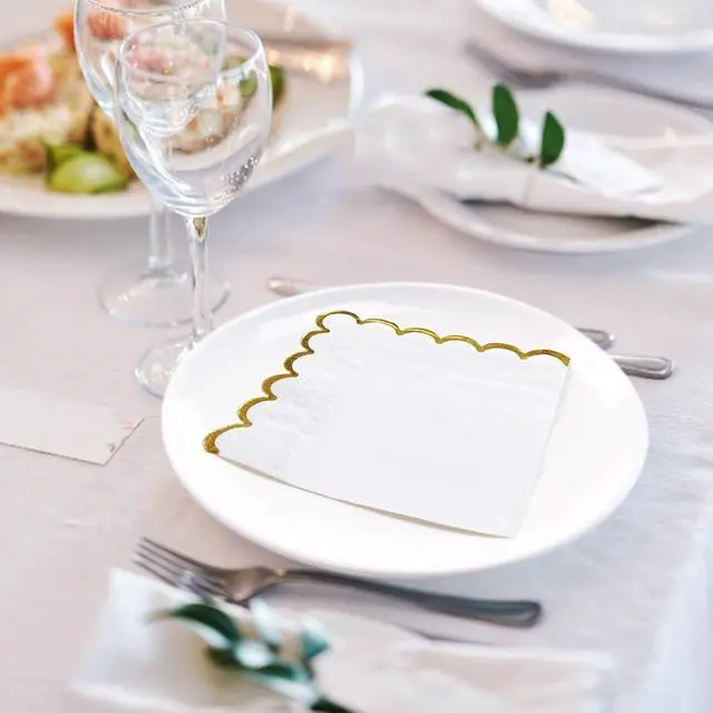 Alt view image 5 of 7 - 50 Pieces 2-Ply White Scalloped Napkins with Gold Foil Cocktail Napkins Disposable Paper Napkins for Dinner Wedding Baby Shower Birthday Party Beverage Napkins