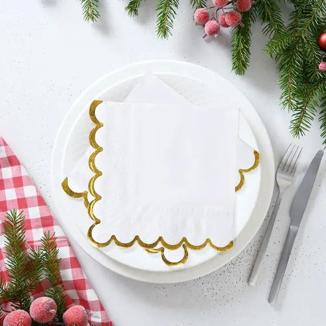 Alt view image 6 of 7 - 50 Pieces 2-Ply White Scalloped Napkins with Gold Foil Cocktail Napkins Disposable Paper Napkins for Dinner Wedding Baby Shower Birthday Party Beverage Napkins